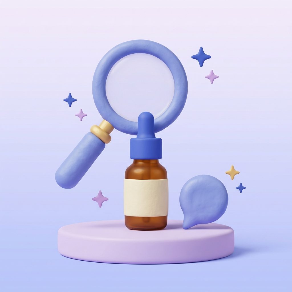 Clay magnifying glass over a bottle of beard oil